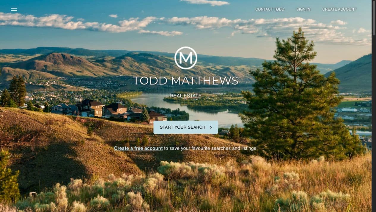 ToddMatthews.com homepage with Kamloops scenery, a Start your search button and contact navigation