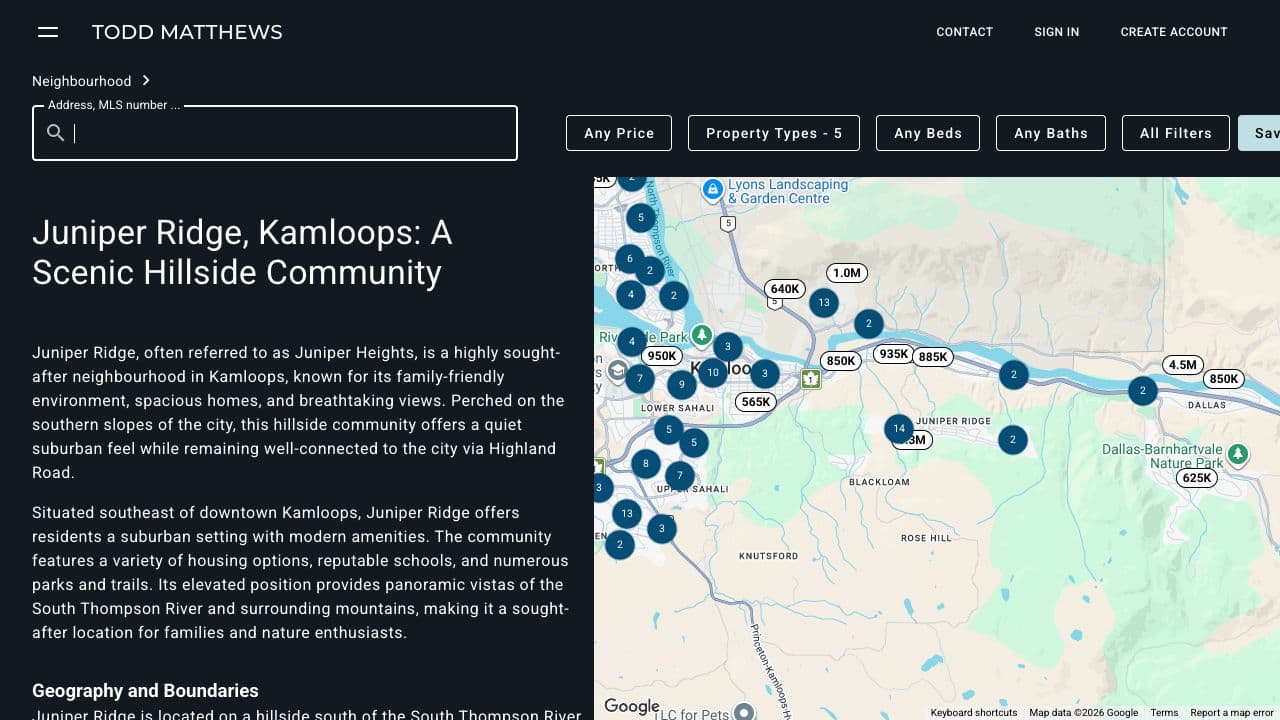 Juniper Ridge neighbourhood guide alongside property filters and a map of listings on ToddMatthews.com