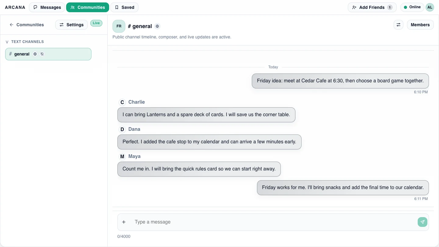 Arcana community conversation interface with channels and a shared group discussion