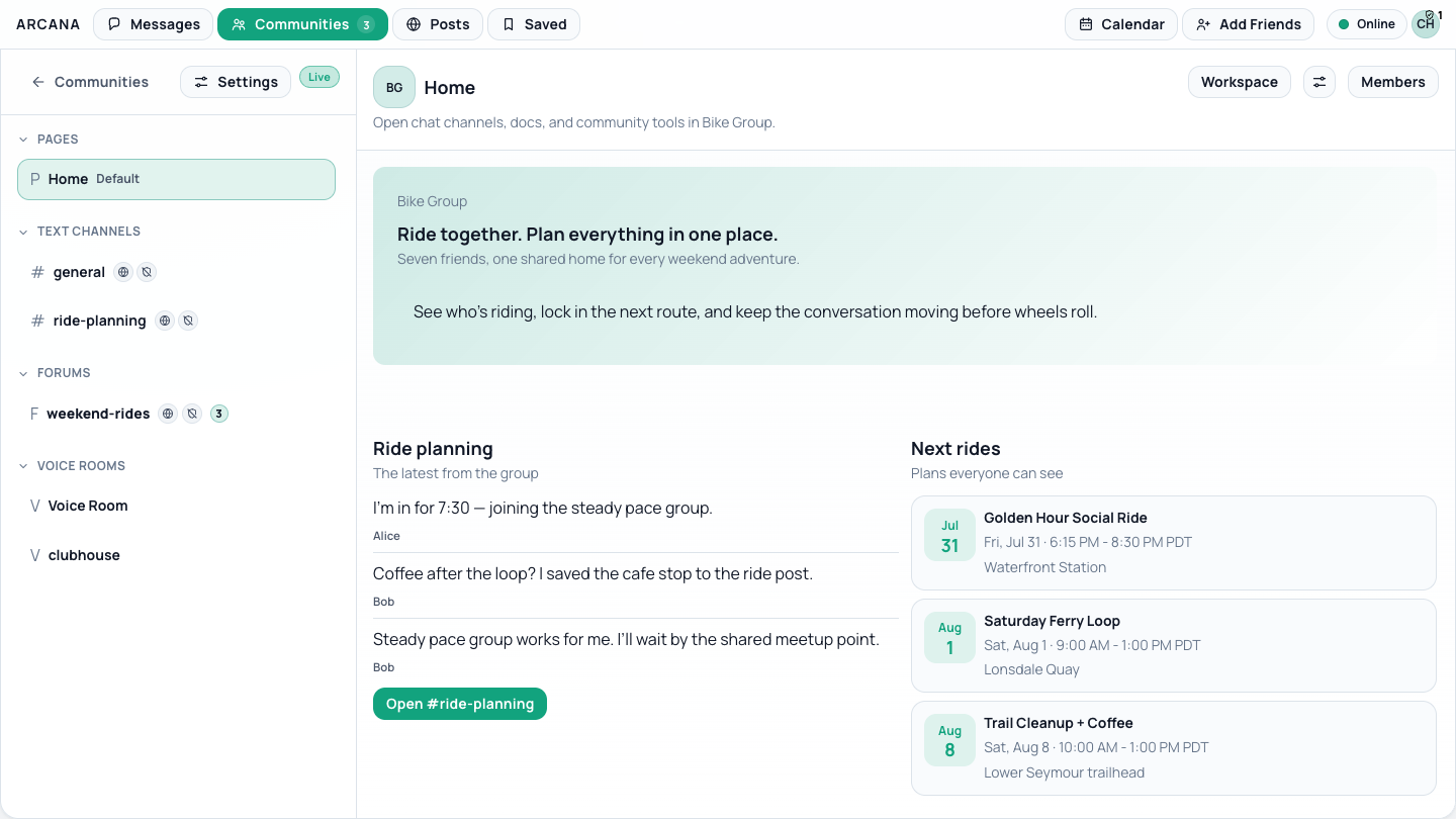 Arcana community dashboard showing channels, forums, voice rooms, planning and events