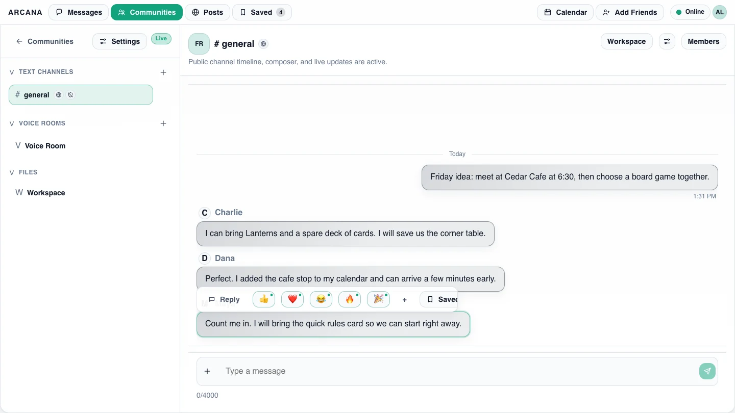 Arcana community conversation with reactions, Saved and Workspace visible in the same group context